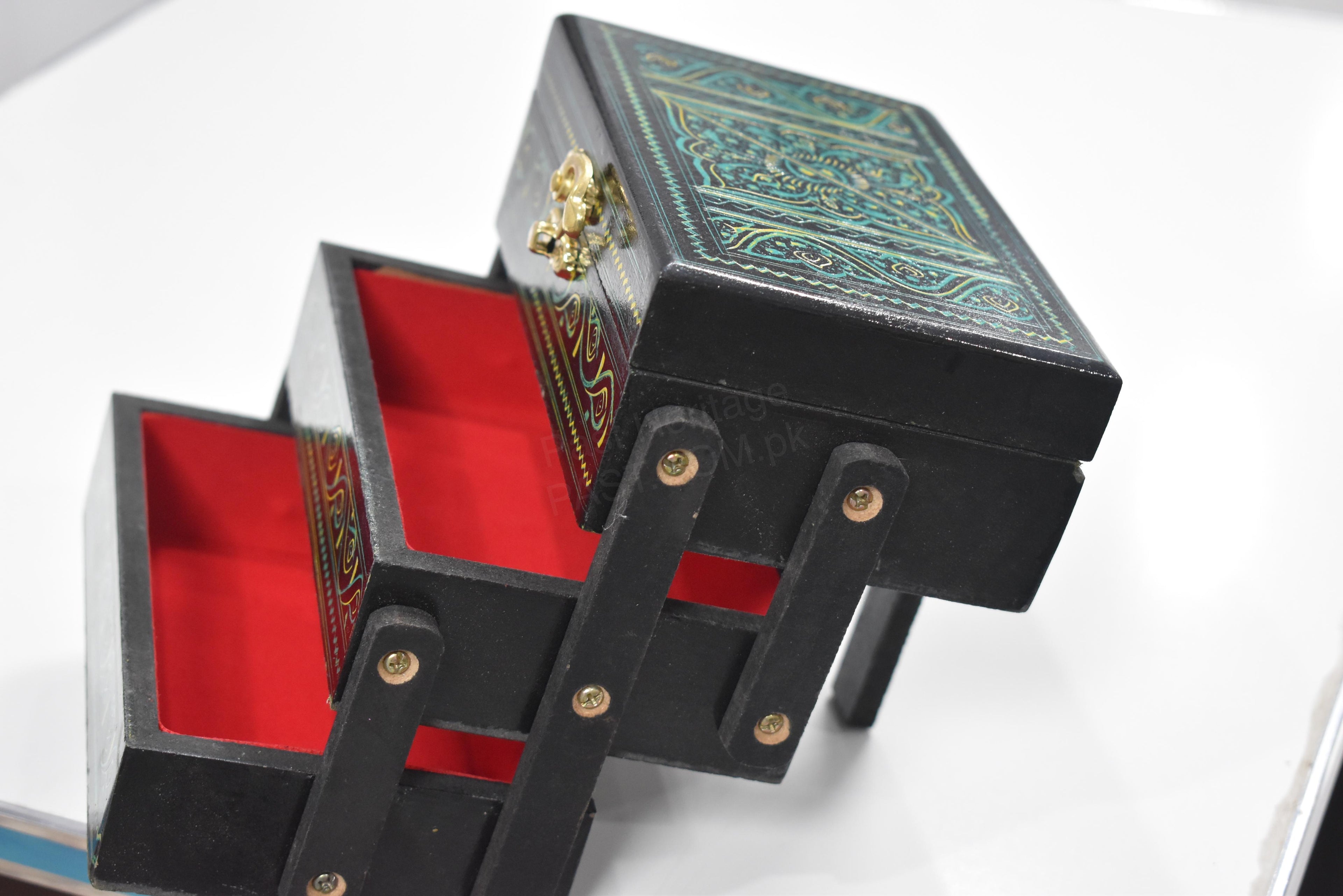 Hand-Painted Naqshi Wooden Jewelry Box | 3-Story Large Jewelry Organizer