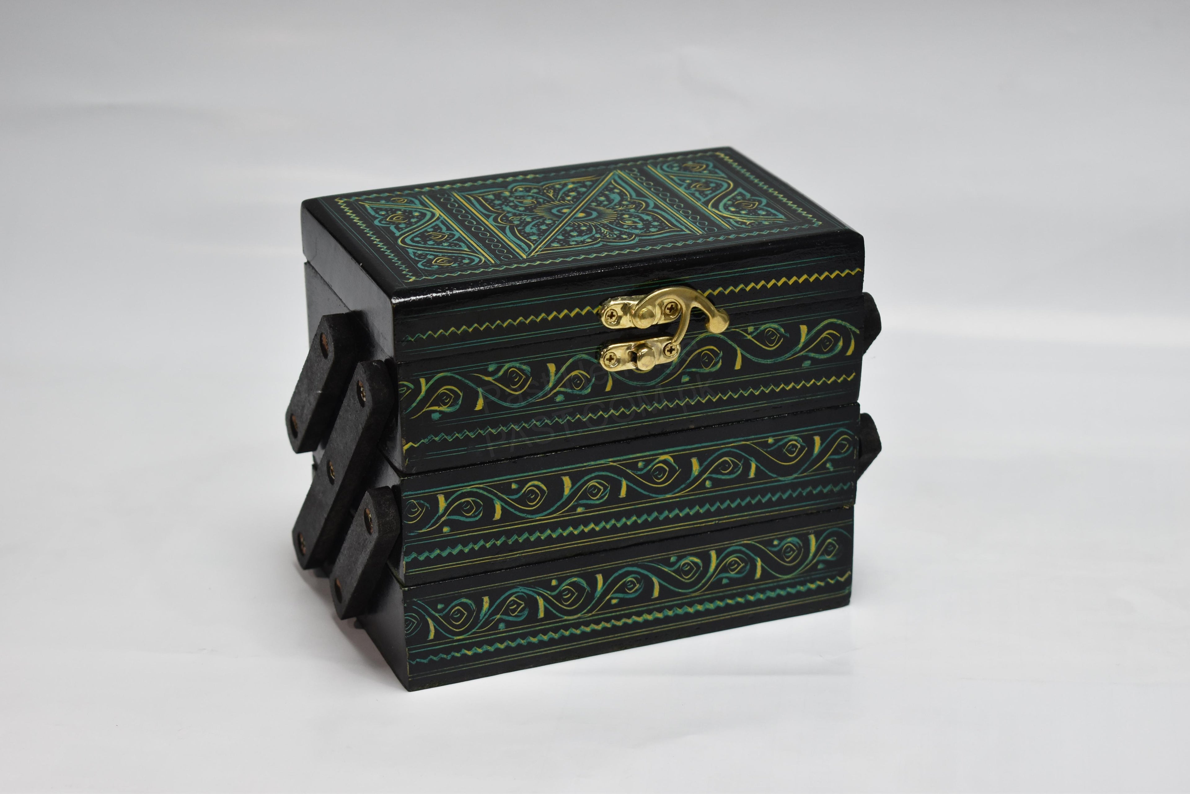 Hand-Painted Naqshi Wooden Jewelry Box | 3-Story Large Jewelry Organizer