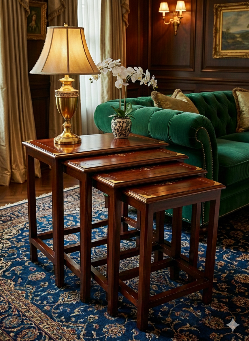 Handcrafted Wooden Nesting Tables with golden corners