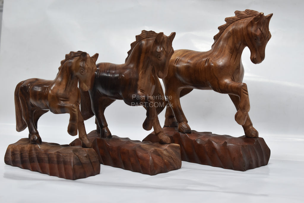 Premium Solid Wood Horse Statue Set