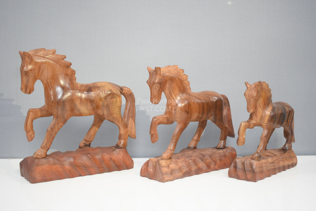 Premium Solid Wood Horse Statue Set