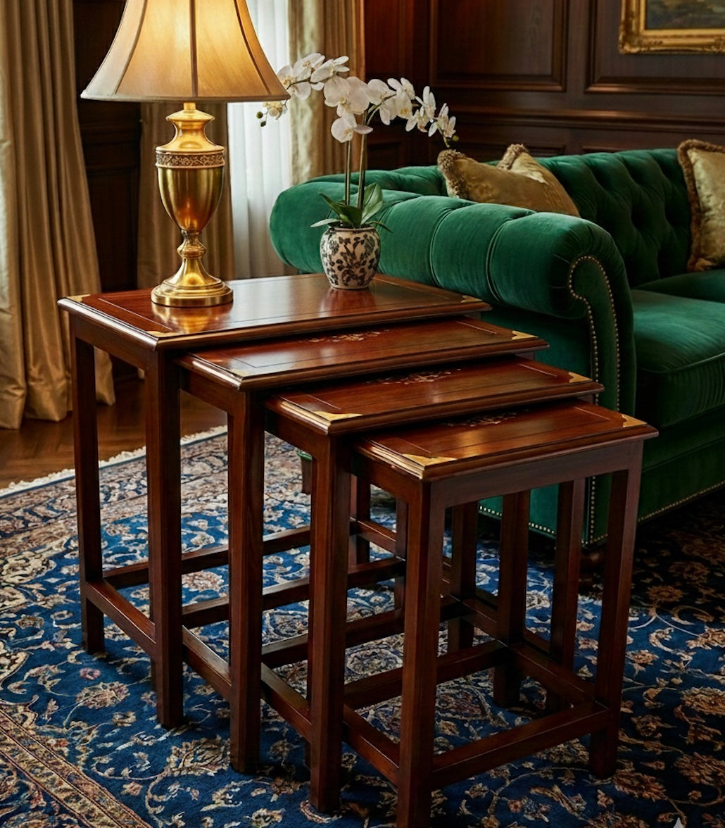 Handcrafted Wooden Nesting Tables with golden corners