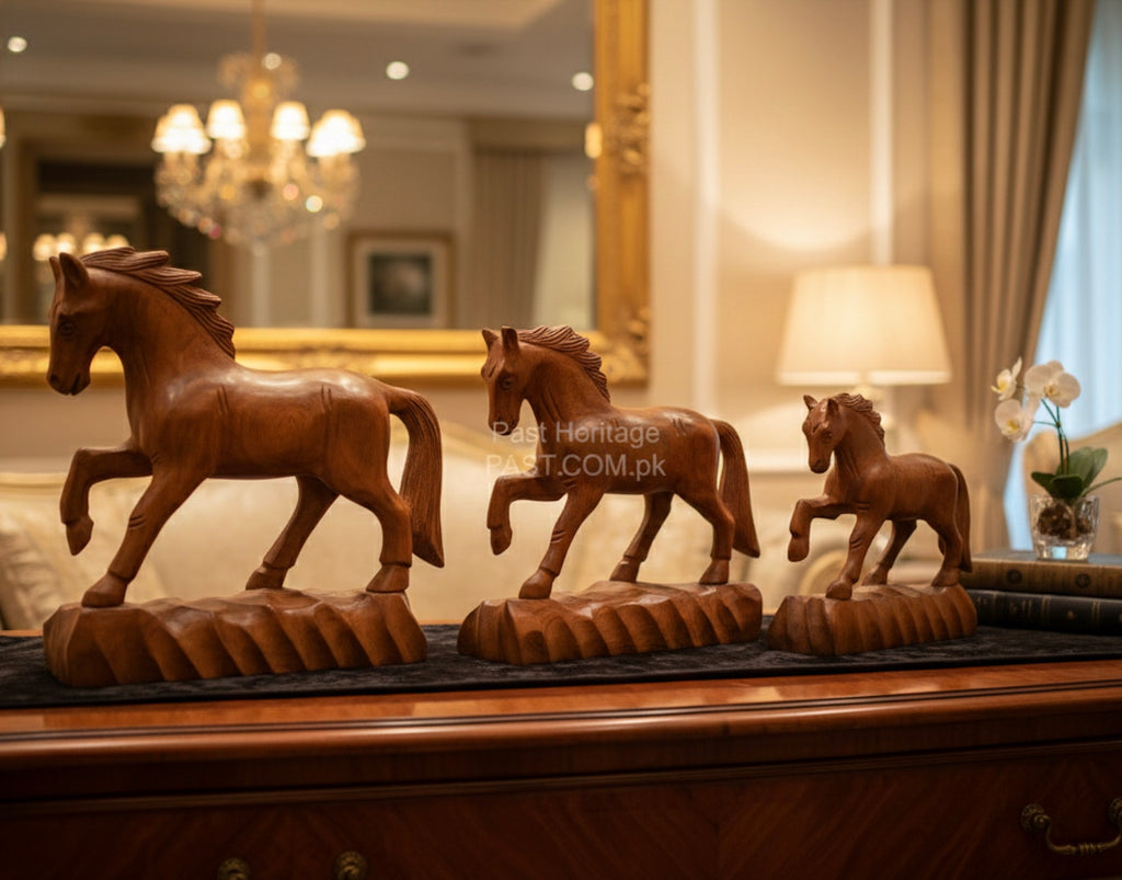 Premium Solid Wood Horse Statue Set