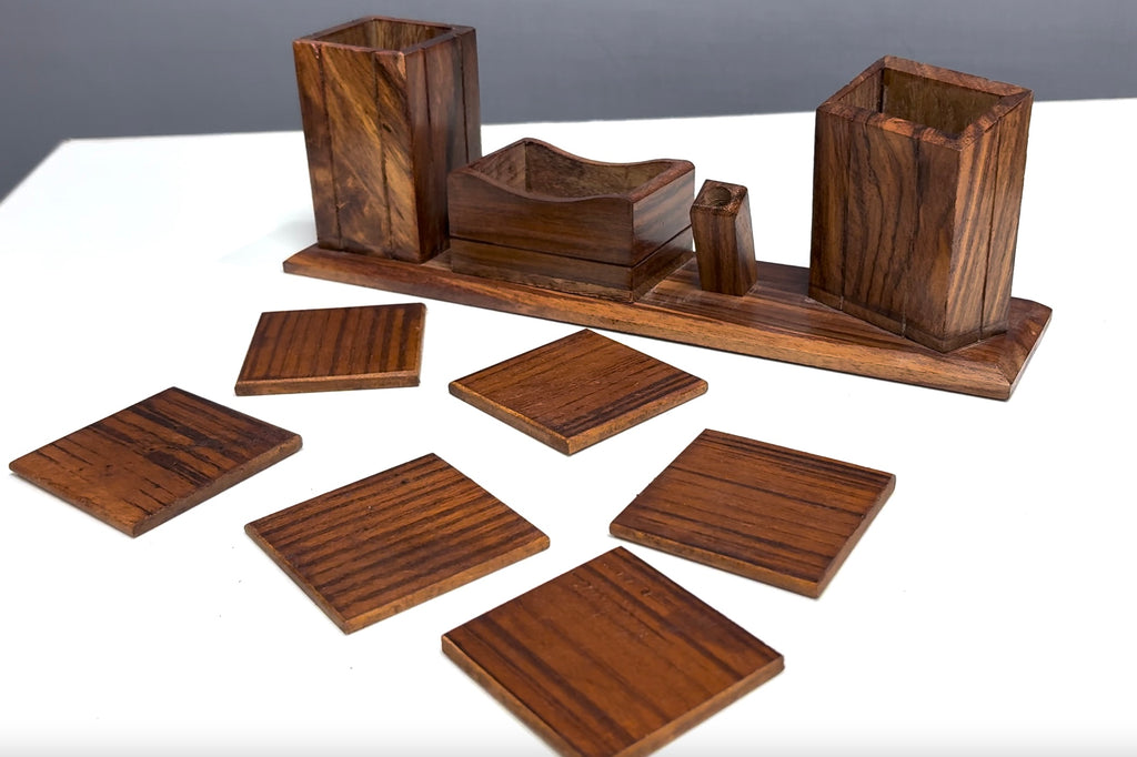 Wooden Office Stand – Pen, Mobile & Cube Trays Desk Organizer