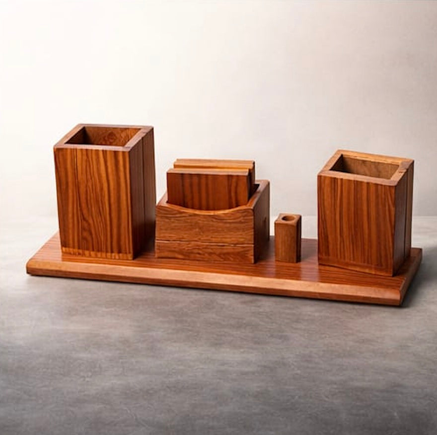Wooden Office Stand – Pen, Mobile & Cube Trays Desk Organizer